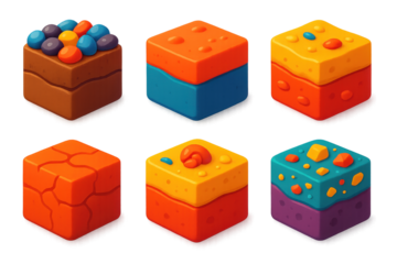 Colorful Sediment Icons. 3D icon set of sediment types in layers: gravel on topsoil, silt over clay, sand with pebbles, compacted