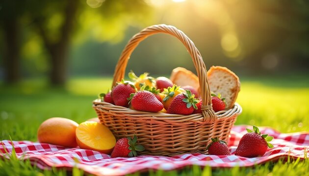 Wicker basket with fruits and bread on picnic blanket. Strawberries mango and orange lay on checkered cloth. Picnic in park on grass lawn at summertime outdoors.