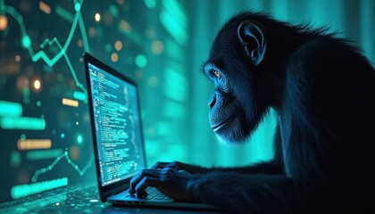 Intelligent chimpanzee sits at desk, types on laptop keyboard, code visible on screen. Ape uses computer, studies data graphs, learns digital world, advanced tech.