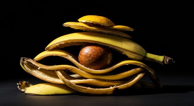 Still life of food waste including banana peels, avocado pit and lemon peel