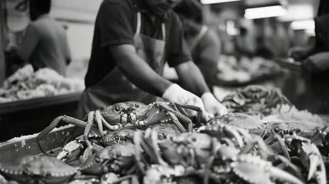 Fish market workers processing seafood