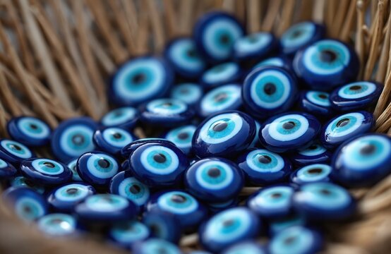 Pile of blue evil eye amulets in woven basket. Turkish nazar boncuk charms for protection against bad luck. Traditional spiritual talismans for good fortune and well-being.