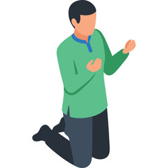 Fototapeta premium A Man Kneeling In Prayer Dressed In A Teal Green Collared Shirt And Dark Blue Pants Against A Black Background In An Isometric Perspective