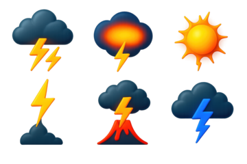 Vivid Electric Weather Icons. 3D icon set of electric weather events: cloud-to-cloud lightning, sheet lightning glow, ball