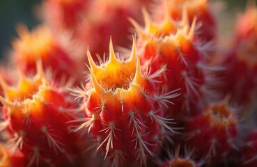 Obraz premium Closeup shows red, orange cactus plant. Sharp white spines cover succulent surface. Desert nature detail with vibrant colors, unique texture under warm sunlight. Macro view of botanic plant at summer.