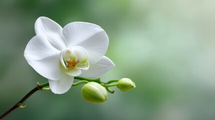 Fototapeta premium Beautiful White Orchid Blooms with Buds Against a Soft Green Background Perfect for Nature and Floral Illustrations, Wall Art, or Decoration