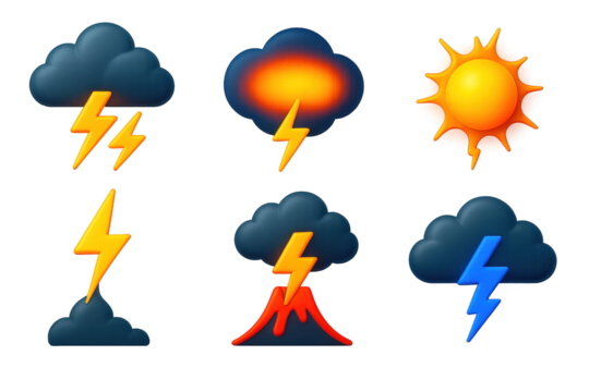 Vivid Electric Weather Icons. 3D icon set of electric weather events: cloud-to-cloud lightning, sheet lightning glow, ball