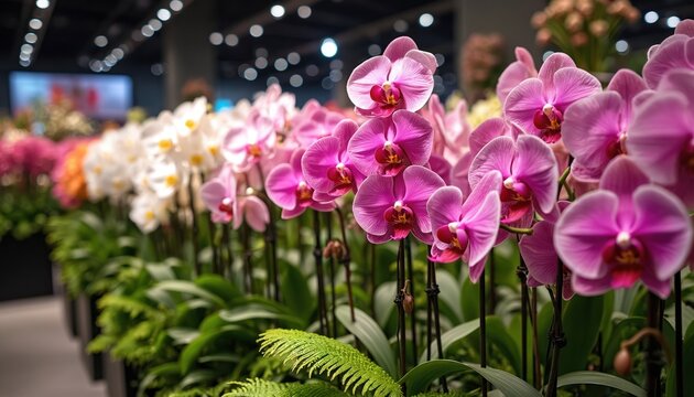 Rows of vibrant pink and white orchids displayed indoors. Rich green leaves and ferns surround the blossoms. Soft bokeh lights in background suggest a plant exhibition or market. - Powered by Adobe