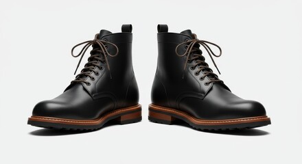 Pair of stylish black leather boots isolated on white background, perfect for any occasion