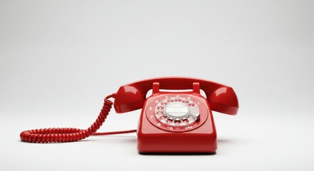 A classic red rotary dial telephone isolated on white background, a vintage icon