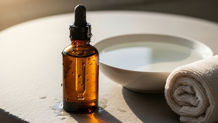 Amber Glass Dropper Bottle with Water Bowl and Rolled Towel on Light Table