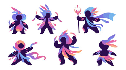 Fototapeta premium Stylized dark fantasy figures with vibrant feather-like elements and dynamic poses on a white background, set of six characters.