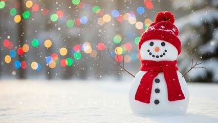 Cute Snowman Wearing Red Hat and Scarf in Snowy Winter Scene with Colorful Bokeh Lights