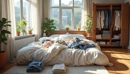 Bright modern bedroom features white bed with messy clothes, soft blankets. Open wooden wardrobe neatly hung, folded attire. Sunlight streams through window, illuminating green plants. Cozy room