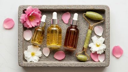 Skincare Serums with Floral Decorations and Jade Roller in Stone Tray