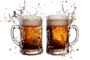 Two Beer Mug Toast Cheers Splash Isolated on Transparent Background PNG