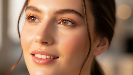 Young Woman with Bright Smile and Clear Skin in Soft Natural Light