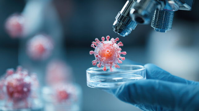 Microscopic Discovery: Close-up of a scientist in a lab, meticulously observing a virus under a microscope, symbolizing scientific exploration. 