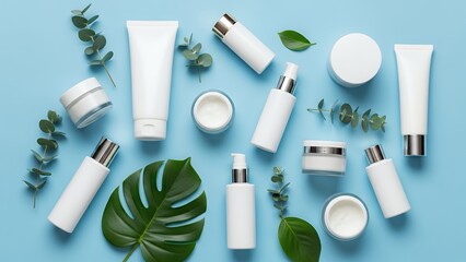 Minimalist White Skincare Containers with Green Leaves on Light Blue Background