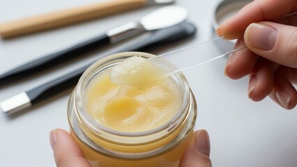 Hands Holding Open Jar of Yellow Lip Balm with Applicator on White Desk