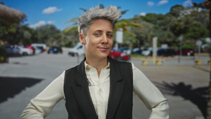 Woman with short hair wearing a black vest and white shirt stands with hands on hips on city street  confidence. © Krakenimages.com