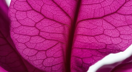 Closeup of a vibrant pink bougainvillea leaf, showing intricate vein patterns