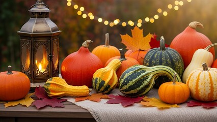 Autumn Pumpkins and Gourds with Lantern and Decorative Leaves on Wooden Table