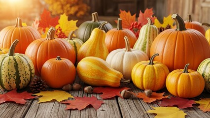 Autumn Pumpkins and Gourd Display with Colorful Leaves on Wooden Surface