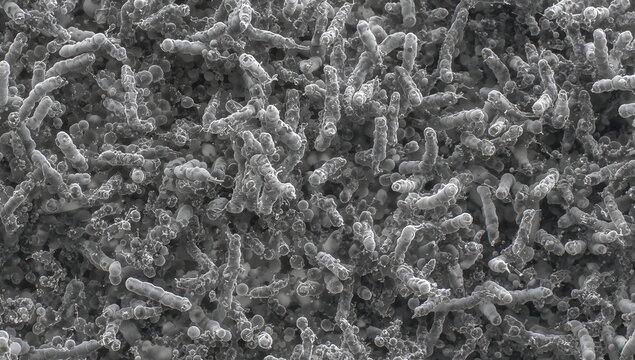 Abstract microscopic view of rod-shaped bacteria or probiotics, monochrome scanning electron microscope style texture