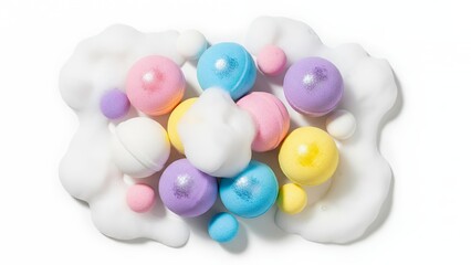 Colorful Foam Balls and Clouds on White Background for Kids Play or Creative Design