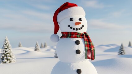 Snowman Wearing Red Santa Hat and Plaid Scarf Standing in Snowy Winter Landscape