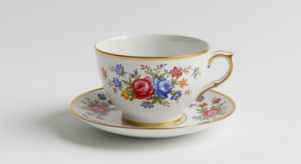 Elegant teacup and saucer with floral design isolated on white background