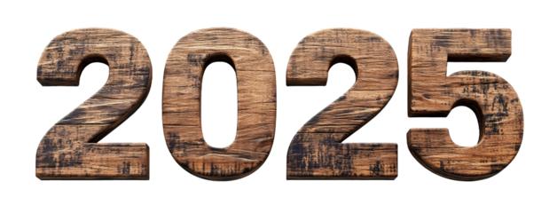 3D brown wooden texture in the shape of text 2025 isolated on white background high resolution photography