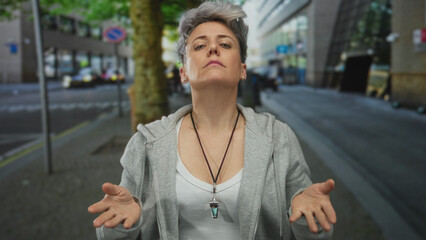 Woman raises hands in meditation gesture on street amid blurred city buildings; mindfulness focus...