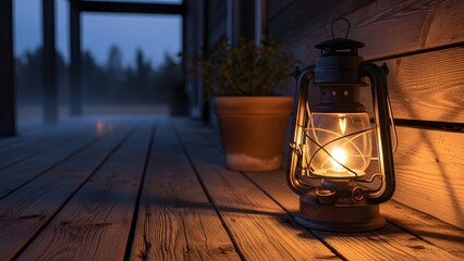 Vintage Oil Lantern Illuminating a Wooden Cabin Porch at Twilight, Creating a Warm and Cozy Ambiance in the Dark Forest Night