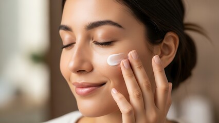 Young Woman Applying Cream on Face in Natural Light with Relaxed Expression