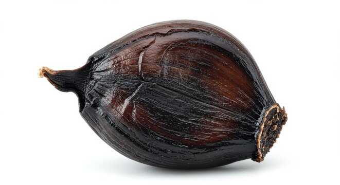 Single clove of black garlic isolated on white background, a healthy ingredient