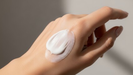 Close Up of Hand Applying White Cream on Skin in Neutral Setting