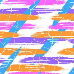 Bright seamless pattern with abstract brush strokes, diagonal stripes and cracked paint texture. Perfect for apparel, fabric, streetwear design, posters, packaging and creative backgrounds.