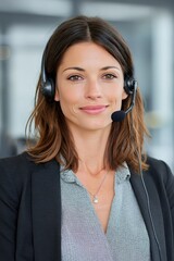 Professional Female Call Center Operator Attending to Customer Inquiries with a Friendly Smile and Headset in a Modern Office Environment