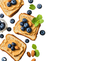 Toast with peanut butter blueberries and almond Sandwich and ingredients for breakfast top view with copy space isolated on white background