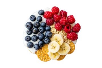 Rice Crackers Snack Assorted Crackers Topped with Banana Fresh Berries Yogurt and Granola in white plate Healthy Food Breakfast Idea isolated on white
