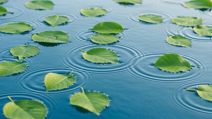 Green Water Lilies Floating on Calm Blue Pond in Natural Setting