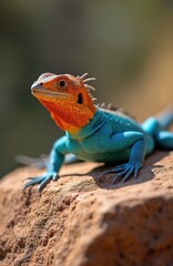 Male agama lizard rests on rough rock in sunny wild savanna. Bright orange head contrasts with vibrant turquoise body scales. Reptile looks alert with spiky crest. Wild African fauna.