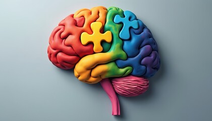 Colorful brain made of puzzle pieces. A visual metaphor for understanding mental health and neurological conditions like autism, ADHD. Represents complex mind cognition.