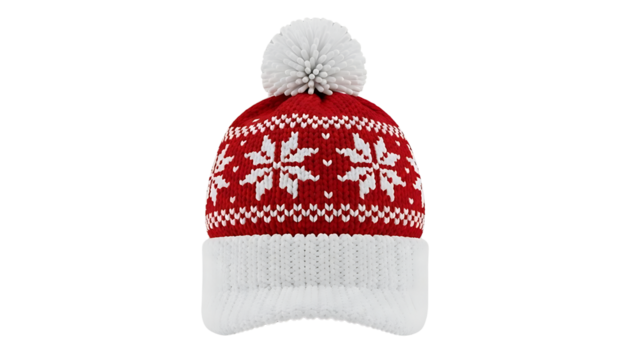 Festive red and white knitted winter hat with snowflake design for Christmas