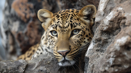 Naklejka premium Close-up portrait of a leopard resting among rocks, showcasing its expressive eyes, detailed fur texture, and natural wildlife habitat