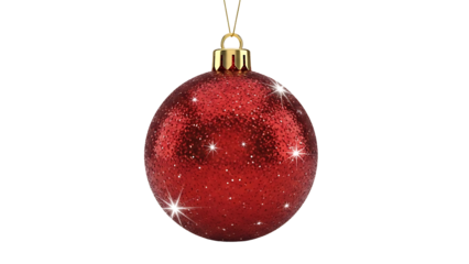 Festive Red Glitter Christmas Ornament Hanging Against a Black Background with Stars