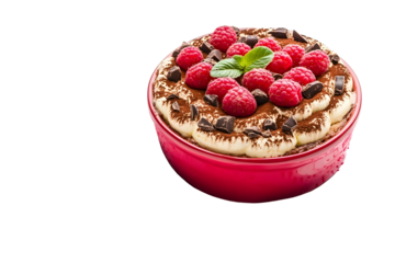 Tiramisu with raspberries and chocolate in a red ceramic form with pink napkin Traditional Italian dessert isolated on white background Top view Copy s