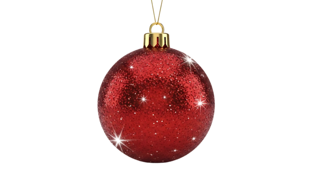 Festive Red Glitter Christmas Ornament Hanging Against a Black Background with Stars - Powered by Adobe